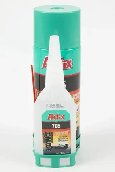 Набор для экспресс склеивания Akfix 705 (активатор 400 мл + клей 125 гр) двухкомпонентный для дерева, ткани, резины, кожи, обуви, пластика
