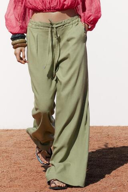 ZARA БРЮКИ ИЗ СМЕСОВОГО ЛЬНА С ШИРОКИМИ ШТАНИНАМИ, ОЛИВКОВЫЙ