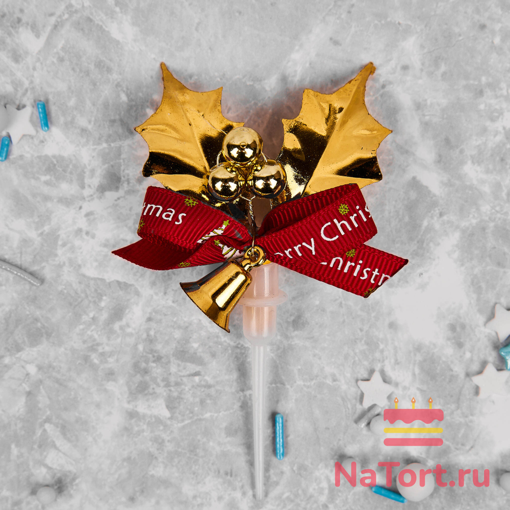 Украшение колокольчик «Merry Christmas» золотые листики с красным бантиком