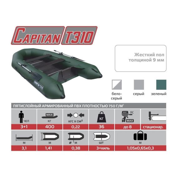 Лодка Тонар Капитан Т310 (киль+пол) серый