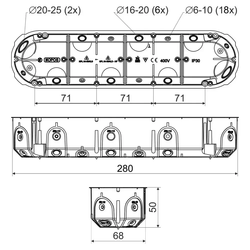 Kopos 50. Четырехместный герметичный подрозетник в дерево, гипсокартон, глубина 50 мм KPL 64-50/4LD