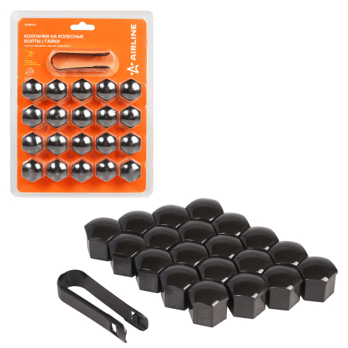 Колпачки на колесные болты и гайки 21 мм 20 шт +съёмник черные глянцевые пластик Airline