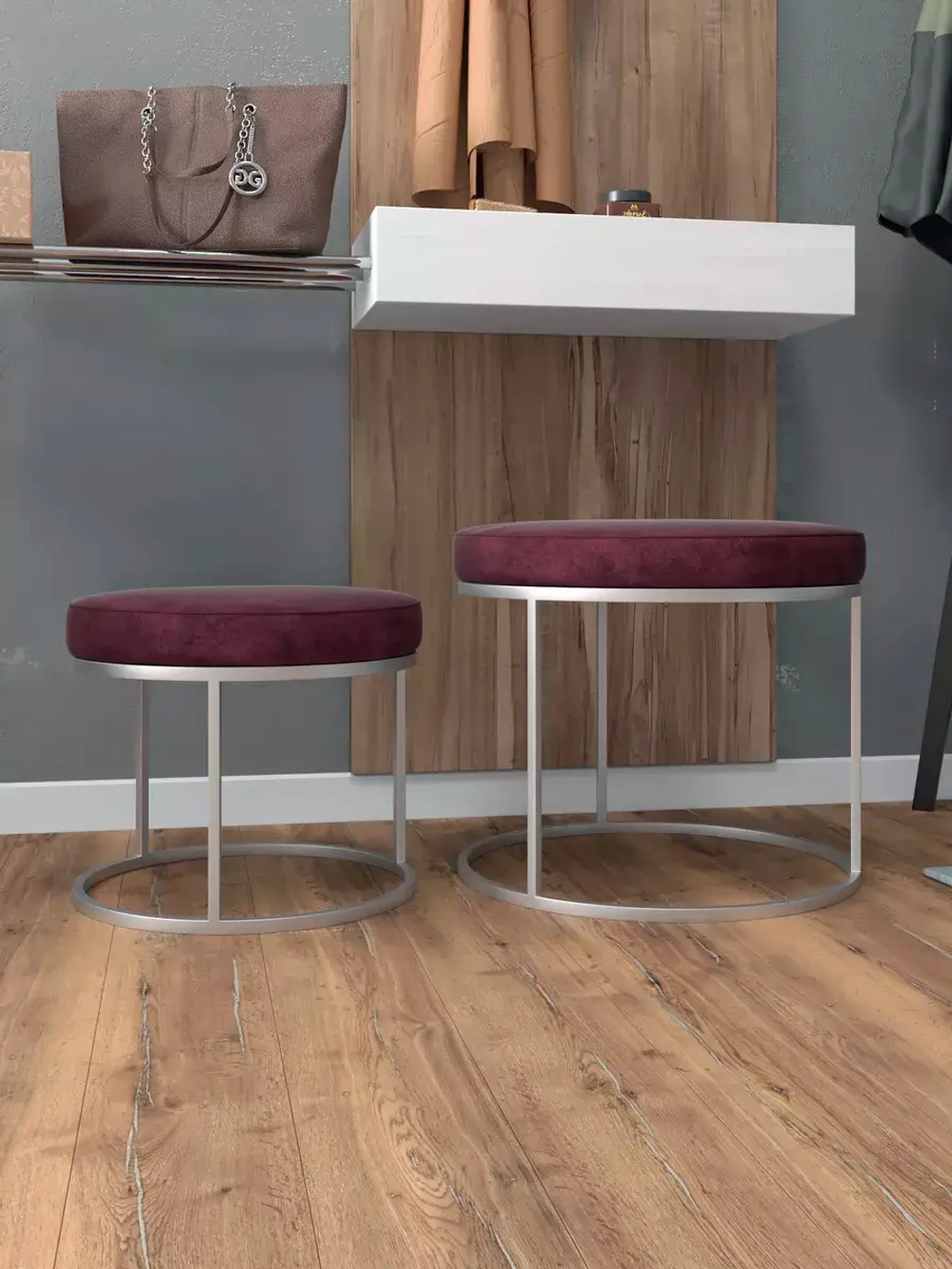 Комплект круглых банкеток - СБОРД - бордовое на серебре