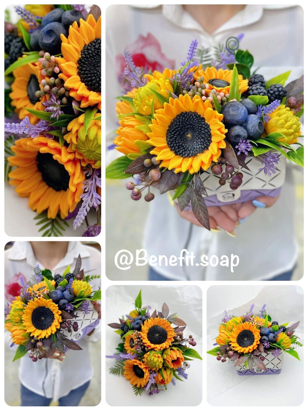 Букет «Подсолнухи и ягоды, сумочка»