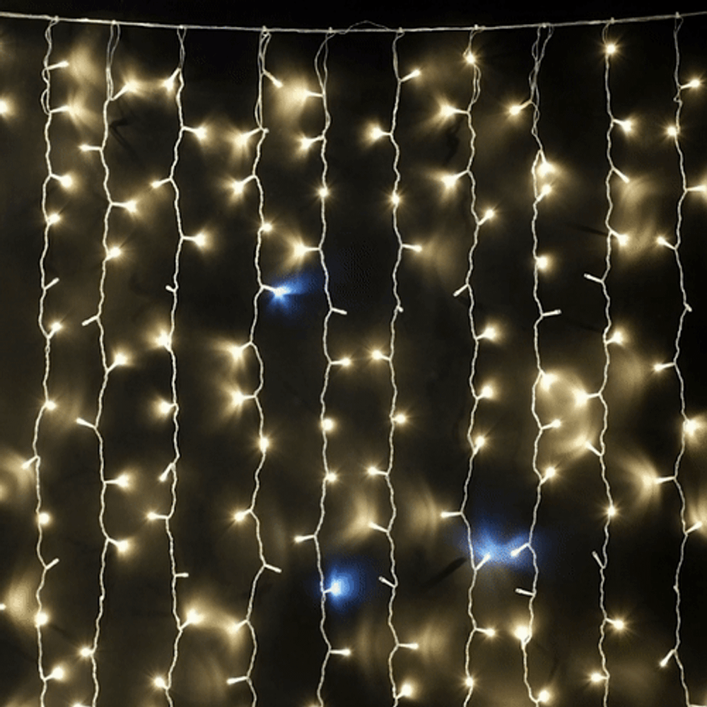 Светодиодный занавес 2*2 м., 400 теплых белых LED ламп, мерцание, облегченный, прозрачный провод ПВХ, LTC(PCL400NOTBLW-10-2WW)