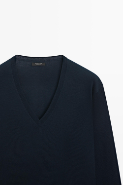 Massimo Dutti Джемпер из шерсти с V-образным вырезом, темно-синий