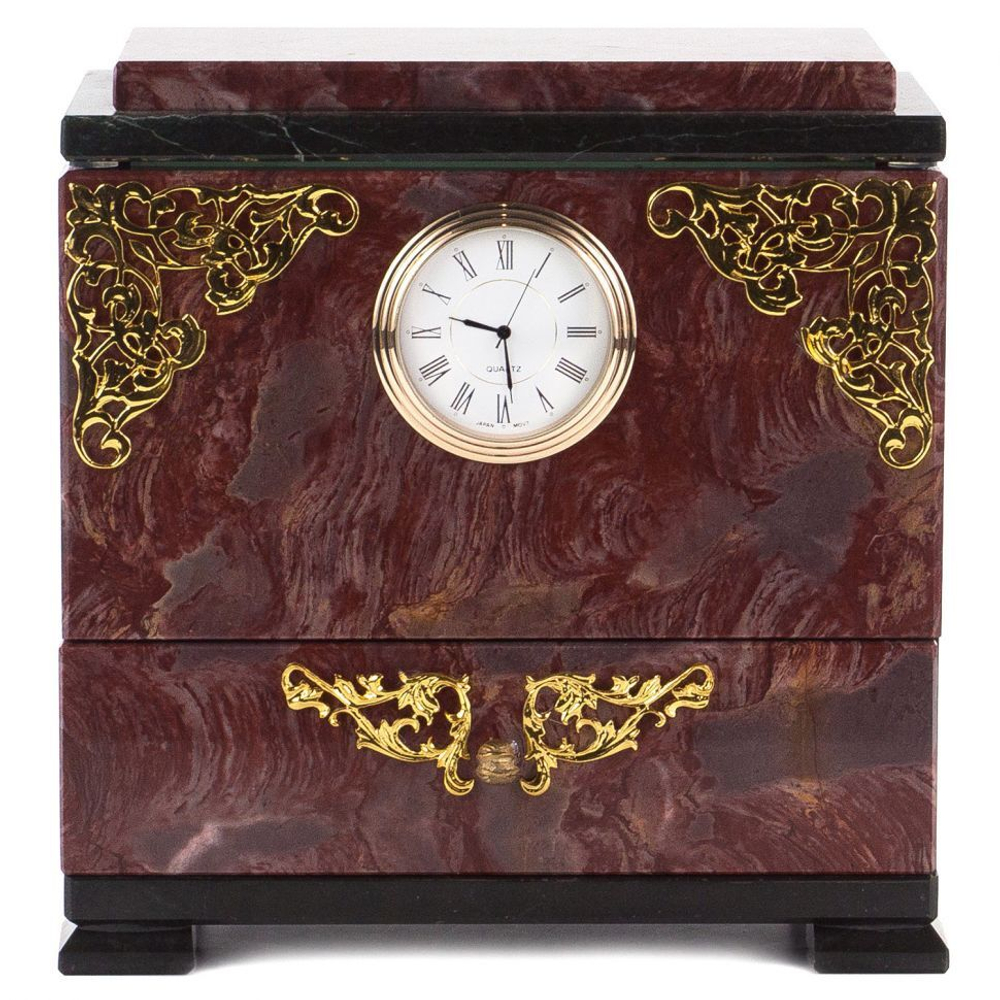 Настольный ларец с часами из камня лемезит и змеевик