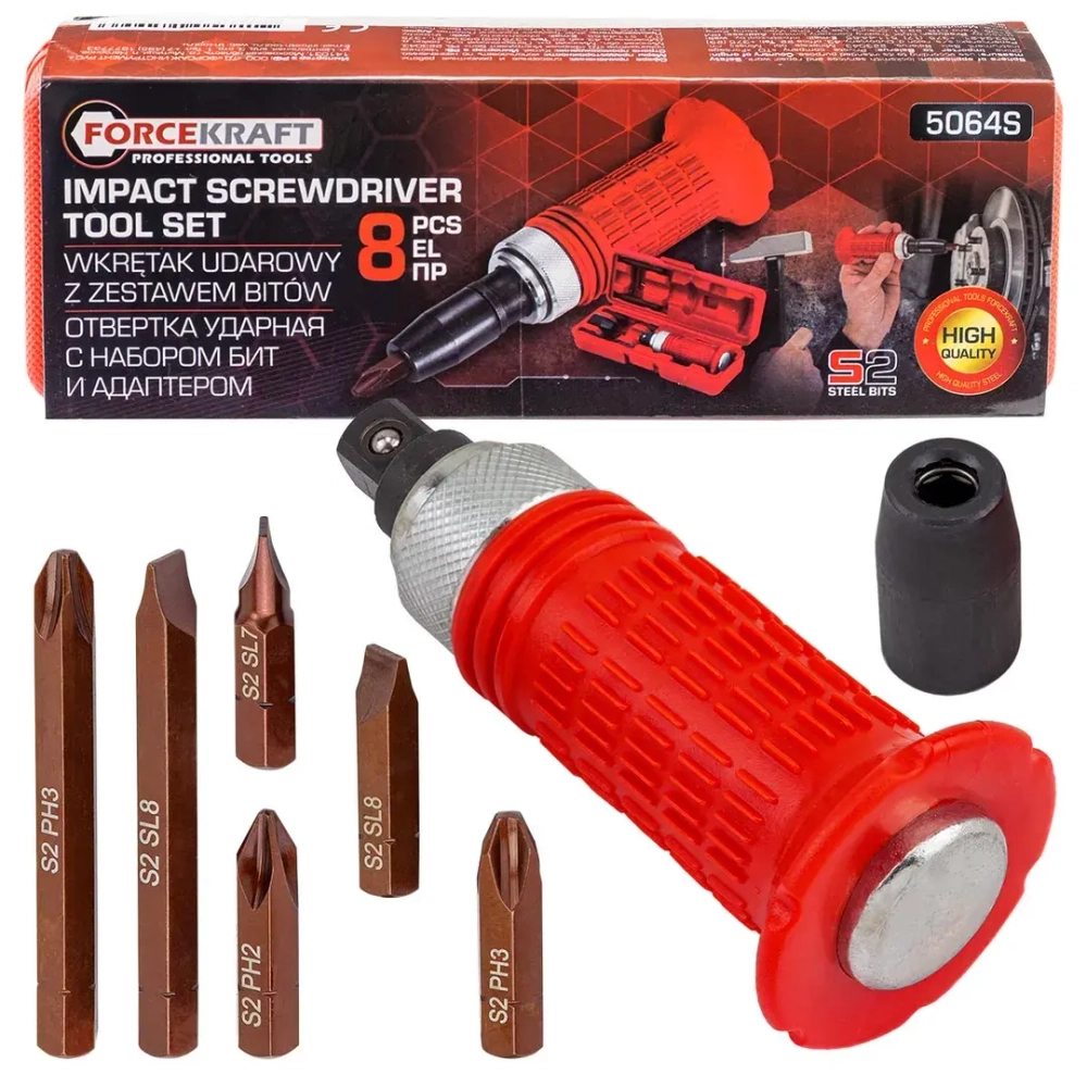 Отвертка ударная с набором бит и адаптером 8пр. FORCEKRAFT FK-5064S