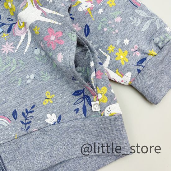 Толстовка на молнии "Единороги в цветах" из футера, серо-голубая