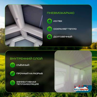 Пневмокаркасная всесезонная палатка «Комфорт» 5×3×2,5 м — из ПВХ, зелёная