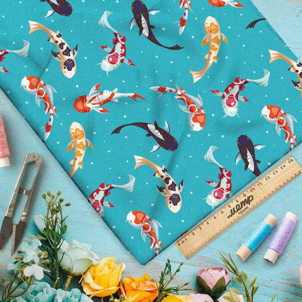 Ткань кулирная гладь японские карпы на бирюзовом фоне