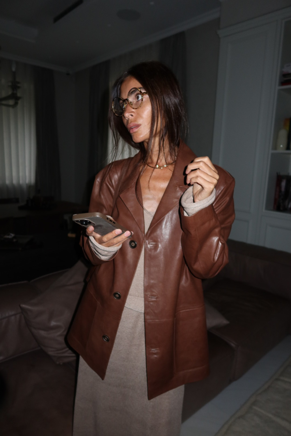 ПРЕДЗАКАЗ Пиджак коричневый кожаный AMALIE x LYNA by O.Rim