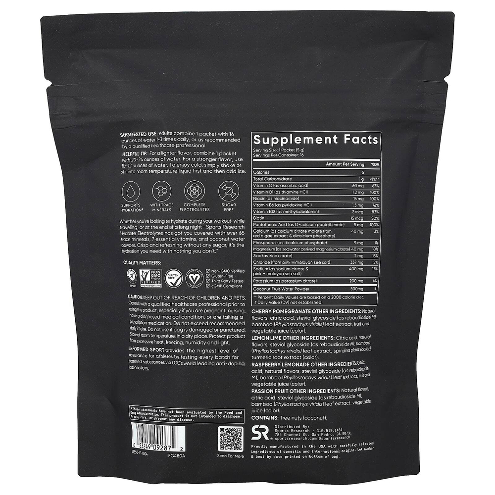 Sports Research, Hydrate Electrolytes, набор с различными добавками, 16 пакетиков по 5 г (0,18 унции)