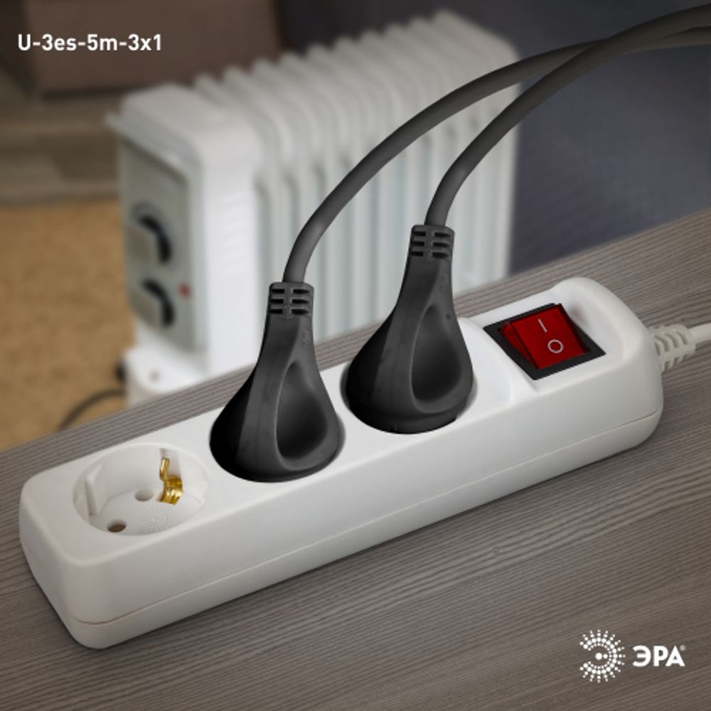 Удлинитель электрический ЭРА U-3es-5m-3x1 с заземлением с выключателем 3 розетки 5м ПВС 3x1мм2 16А | Бытовые удлинители