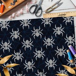 Ткань габардин серые пауки на тёмно-синем фоне