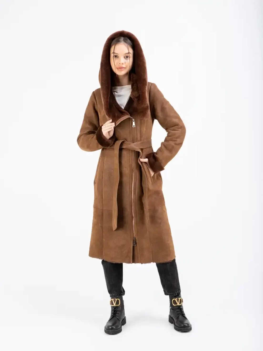 Дубленка женская натуральная длинная с капюшоном Турция