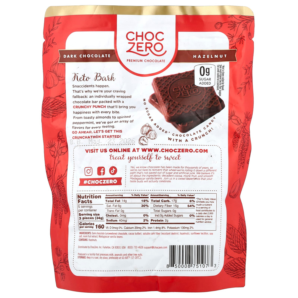 ChocZero, Keto Bark, темный шоколад с морской солью, фундук, 15 плиток в индивидуальной упаковке, 170 г (6 унций)
