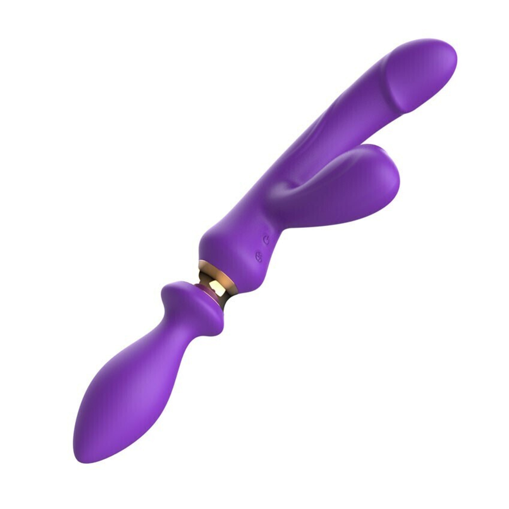 Фиолетовый двусторонний вибромассажёр с клиторальным отростком - 30 см. (Цвет: фиолетовый)