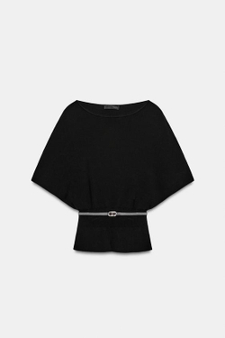 ZARA ТРИКОТАЖНЫЙ ТОП С ПОЯСОМ, ЧЕРНЫЙ
