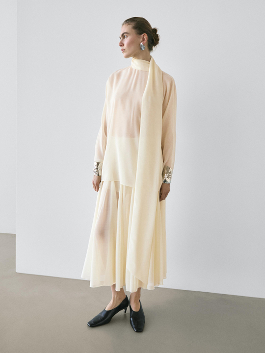 Massimo Dutti Струящаяся юбка-миди с оборками - STUDIO, кремовый