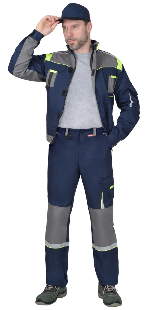 Костюм СИРИУС-СТАН куртка, брюки, синий со средне-серым и лимонной отделкой