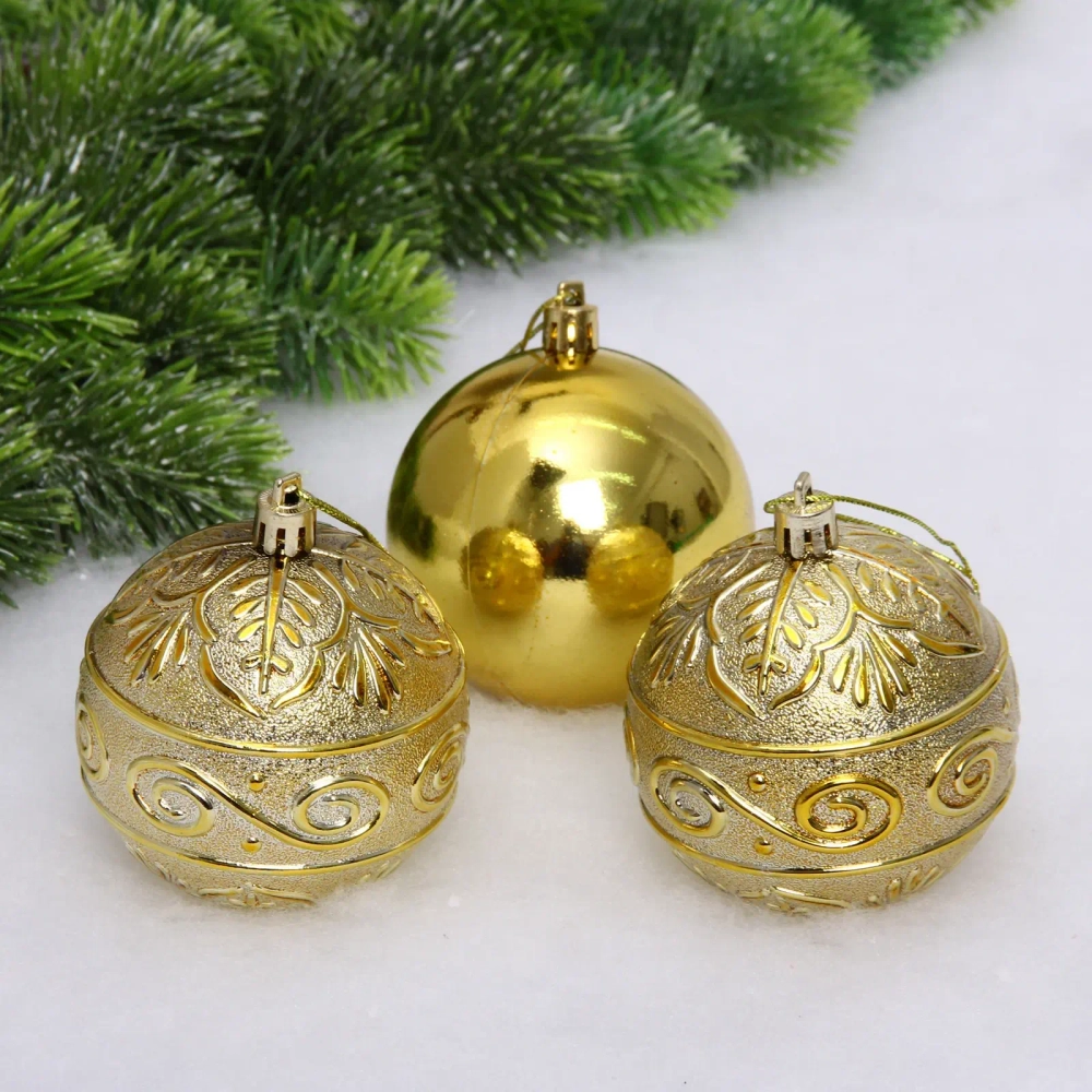 Новогодние шары 8 см (набор 3 шт) «Микс фактур», золотой