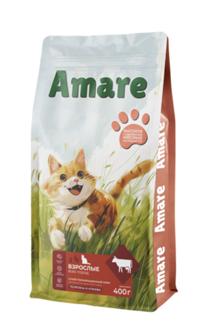 Amare Сухой полнорационный корм для взрослых кошек телятина и клюква 400 г