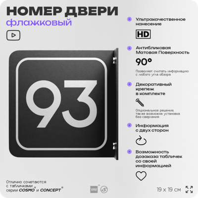 Табличка флажковая с номером 93 на дверь квартиры, для офиса, кабинета, аудитории, склада, черная двустороняя 19х19 см, Айдентика Технолоджи