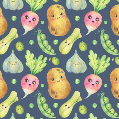 Веселые овощи на синем фоне