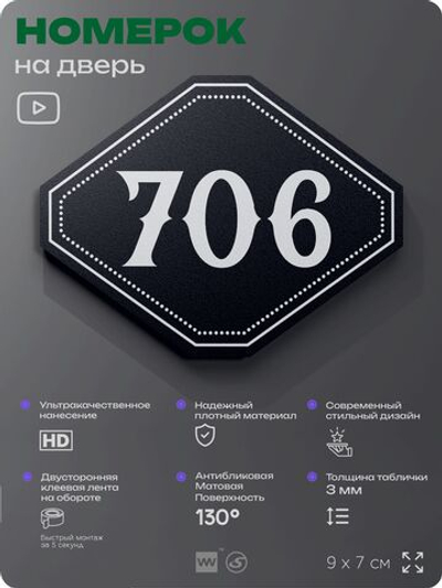 Номерок на дверь квартиры 706, для кабинета, офиса, шильдик 9 х 7 см, черный, Айдентика Технолоджи