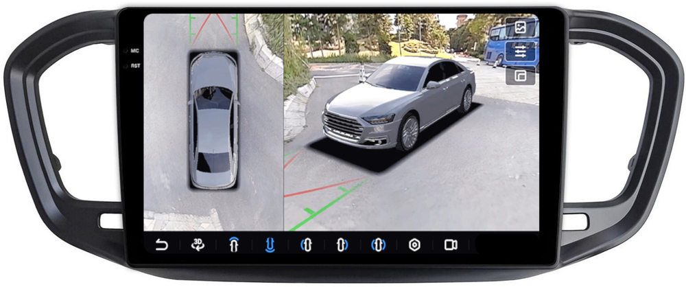 Магнитола для Lada Vesta NG 2023+ (ШГУ, рамка черная матовая) - FarCar BX3101-1M-360 монитор 9.5" 2K QLED на Android 13, 6Гб+128Гб, CarPlay, 4G SIM-слот, 4 камеры в комплекте