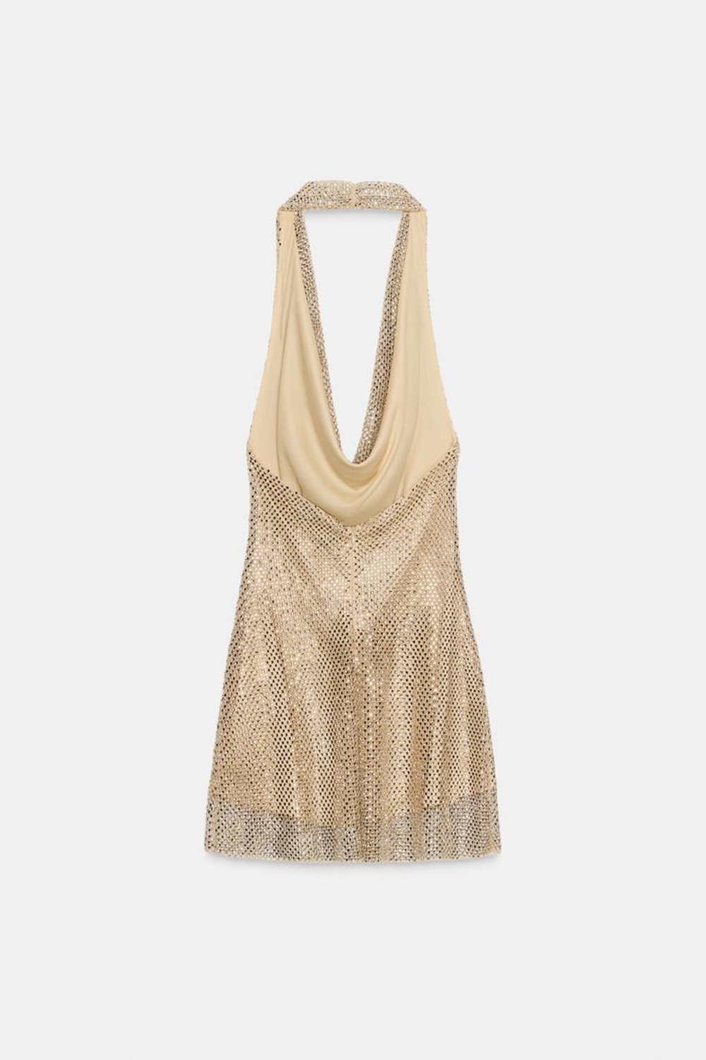 ZARA ПЛАТЬЕ ХАЛТЕР СО СТРАЗАМИ, ЗОЛОТИСТЫЙ