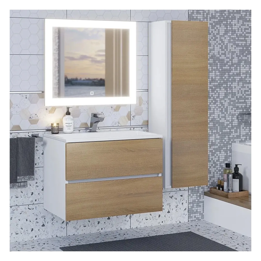 Тумба с раковиной Uperwood Barsa 70 см, раковина белая, подвесная тумба белая/дуб сонома