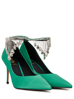 Женские кожаные туфли зелёные с камнями