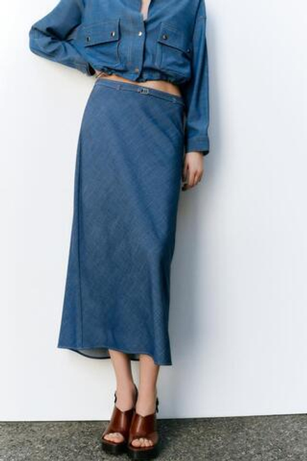 ZARA ДЛИННАЯ ЮБКА С ТОНКИМ ПОЯСОМ, СИНИЙ