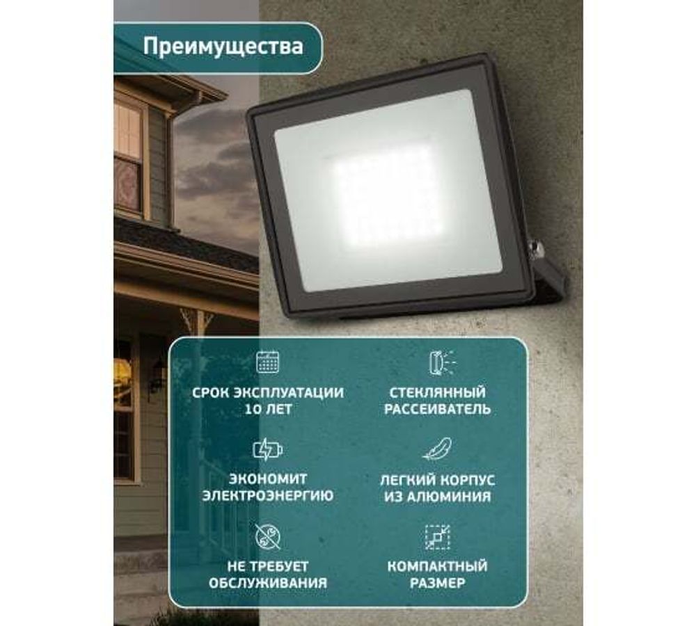 Прожектор светодиодный ЭРА 50Вт 6500К 4000Лм 150х145х24 IP65, Б0052024