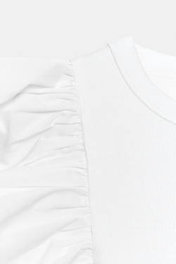 ZARA ФУТБОЛКА В РУБЧИК С ВОЛАНАМИ, БЕЛЫЙ