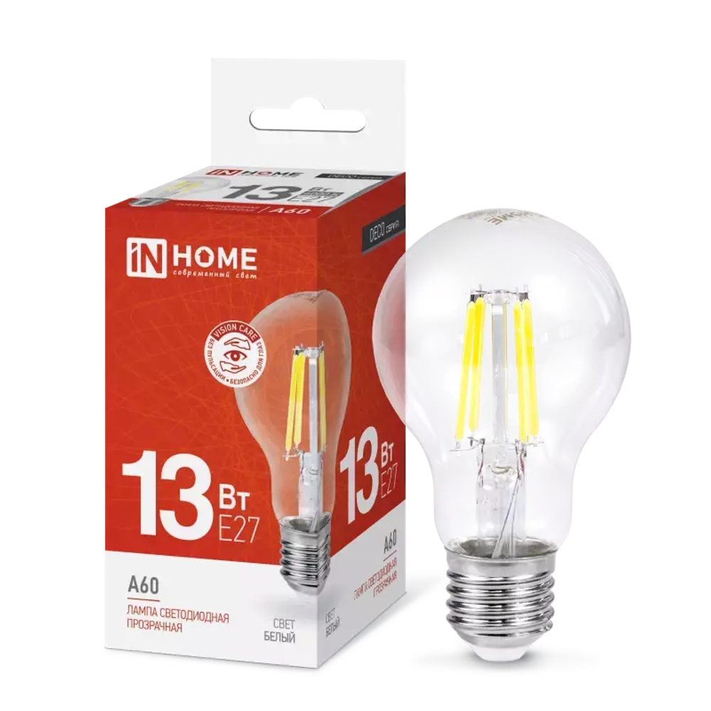 Лампа светодиодная LED-A60-deco 13Вт 230В Е27 4000К БЕЛЫЙ 1370Лм прозрачная IN HOME