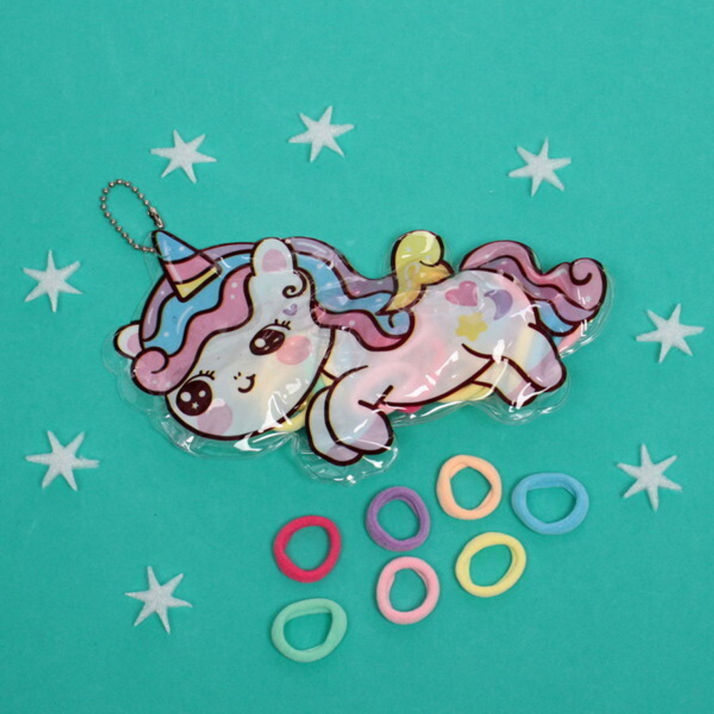 Резинки детские для волос 30шт (+-2 шт)»Фантазия- Единорожек», микс 4 цвета, с цепочкой, 18*9см