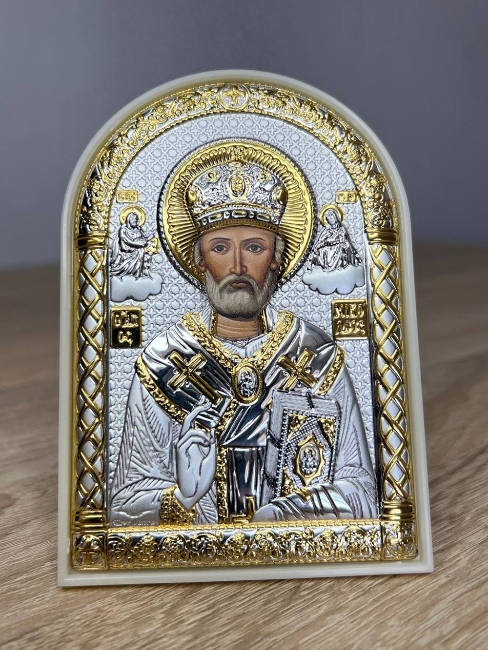 Николай Чудотворец, икона арочная, пластик белый 80х115