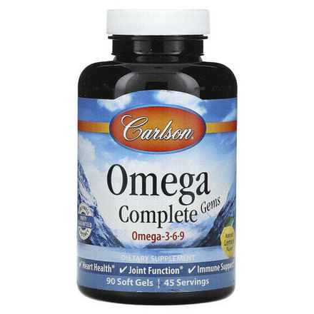 Рыбий жир и Омега 3, 6, 9 Carlson, Omega Complete Gems, омега 3-6-9, натуральный лимон, 90 мягких таблеток