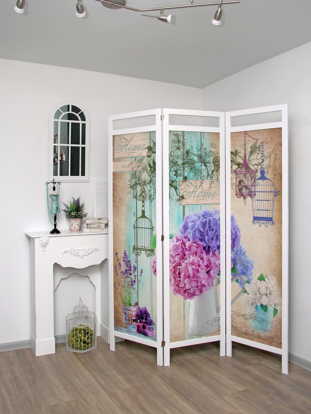 Ширма - перегородка для зонирования пространства деревянная с картинкой с обеих сторон "Райские птички", 3 створки, 480*1800 мм