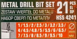 Набор сверл по металлу HSS 21пр.(1,1.5,2,2.5,3,3.2,3.5,4,4.5,4.8,5,5.5,6,6.5,7,7.5,8,8.5,9,9.5,10мм), в пластиковом футляре MEGATOOLS MT-924U21S