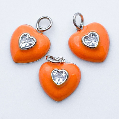 Подвеска Сердце, цвет серебро (родий)+оранжевый, размер 13*12 мм, цена за 1 шт