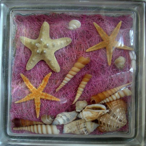 Стеклоблок декоративный Морские звезды и ракушки МТ-009-Т  19x19x8 см.