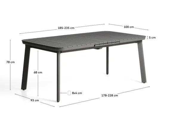 Раздвижной уличный стол Izola из алюминия с графитовой отделкой, 185 (235) x 100 см
