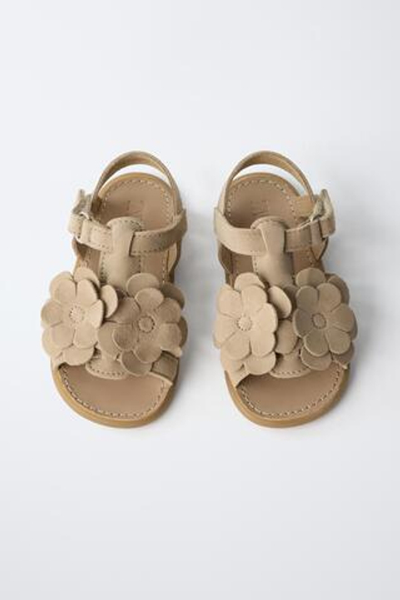 ZARA КОЖАНЫЕ БОСОНОЖКИ BAREFOOT С ЦВЕТАМИ, ЗОЛОТИСТЫЙ