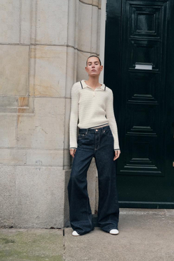 ZARA СВИТЕР ПОЛО С УЗОРОМ «КОСЫ», ЭКРЮ/ТЕМНО-СИНИЙ