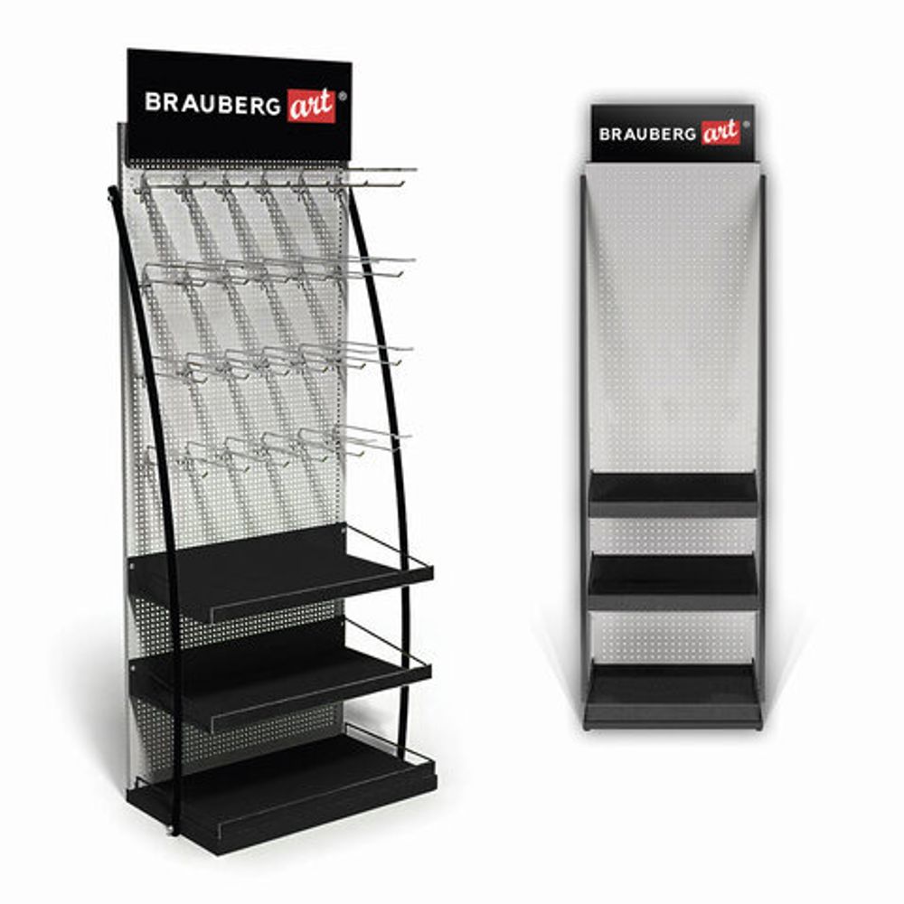 Стойка для размещения товара напольная BRAUBERG ART, 2050x600x500 мм, 25 крючков, 3 полки, металл, 504875