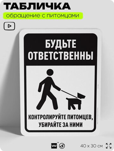 Табличка "Будьте ответственны, контролируйте питомцев и убирайте за ними" на дверь и забор, для двора, дома, подъезда, 40х30 см, Silver Plane x Айдентика Технолоджи